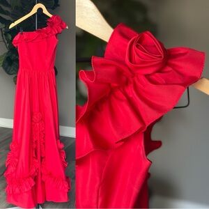 Union Made ILGWU USA Vintage Red Rose Rosette One Shoulder Gather Ballgown Dress